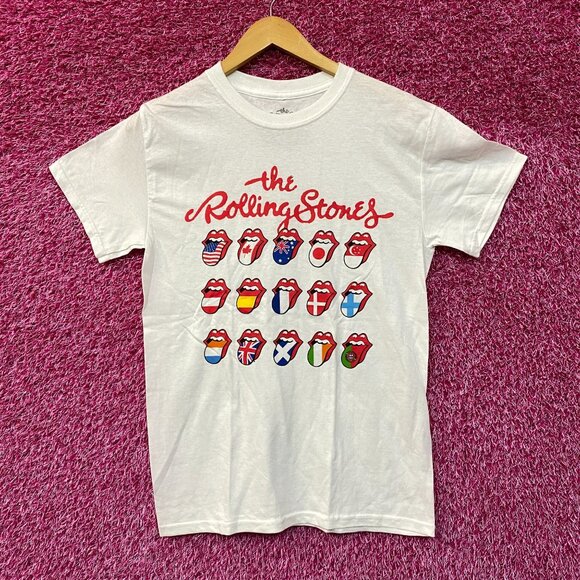 The Rolling Stones white Hot Lips around the World Logo Tee Small - Picture 1 of 4